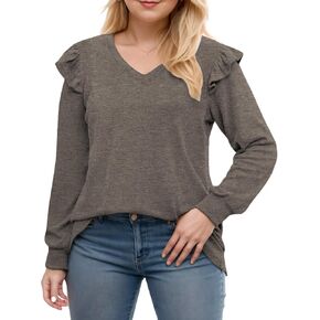 Womens-Plus-Size-Dressy-Tops Trendy V Neck Shirts Cute Ruffle Long Sleeve Blouses Casual Loose Fit Tunics XL-5XL in Kuwait