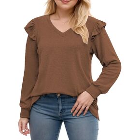 Womens-Plus-Size-Dressy-Tops Trendy V Neck Shirts Cute Ruffle Long Sleeve Blouses Casual Loose Fit Tunics XL-5XL
