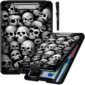 Clipboard with Storage,Plastic Storage Clipboard with Low Profile Clip,Nursing Clipboards with Storage with Pen Holder,for School,Office Supplies,Women, Man,with a Pencil,Black White Skull