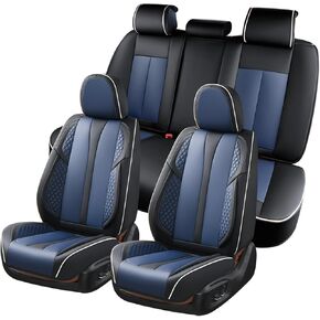 KEYOOG 5-Seater Car Seat Covers Full Set Waterproof and Breathable Nappa Leather, Fit for Front and Rear Seats of Cars, Compatible with Airbags, Car Seat Protector Covers for Most Cars - Black blue