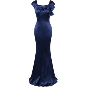 MUXXN Women 50s Style Retro Cap Sleeve Square Neck Satin Evening Cocktail Wedding Guest Long Maxi Dress