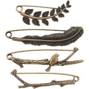 SUNNYCLUE 1 Box 8Pcs Vintage Lapel Pins Antique Bronze Lapel Pin Brooches Safety Brooch Pins Large Leaf Lapel Pin Feather Bird Branch Lapel Brooches for Men Women Coats Jackets Hats Bags Decoration