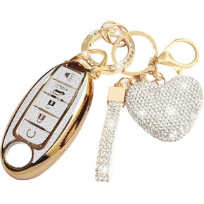 Key Fob Cover with Diamond Keychain for Nissan Car Key Shell Compatible with Altima Rogue Sentra Pathfinder Frontier Maxima Titan Murano Kicks Juke Versa (5 Buttons-Pink Heart)