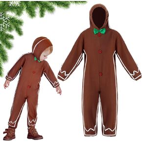 Geyoga Christmas Gingerbread Man Costume for Kids Gingerbread Outfit Gingerbread Man Bodysuit Hooded Unisex Halloween