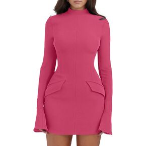 YMDUCH Women's Long Sleeve Mock Turtle Neck Bodycon Mini Tank Short Party Dress