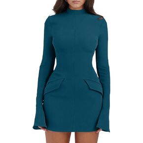 YMDUCH Women's Long Sleeve Mock Turtle Neck Bodycon Mini Tank Short Party Dress