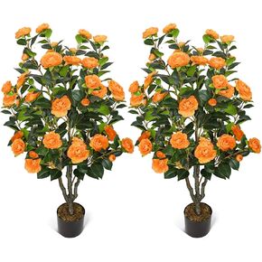 2 Pack 42in/3.5ft Artificial Camellia Trees Flowers Tree for Outdoors Fake Trees with 36 Red Flowers Faux Tree Faux Floral Plants UV Resistant Housewarming Gift for Indoor Home Front Porch