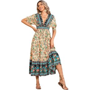 R.Vivimos Women's Summer Boho Floral Print Midi Dress Short Sleeve Deep V Neck Empire Waist Flowy Beach Dress with Pockets