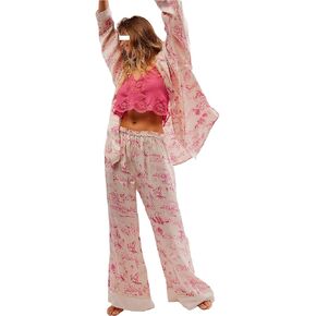 المرأة الحرير الساتان الأزهار منامة 2 قطعة واسعة الساق بنطلون طويل وواسع Pjs كم طويل زر أسفل Coquette بيجامة قميص مجموعة in Kuwait
