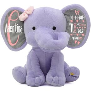 Personalized Elephant Stuffed Animal - Custom Birth Stats Announcement Stuff Elephants Animals for Babies, Baby Shower, Boy, Girl, Newborn, Customized Keepsake Plush Bear Gifts, Purple 9 Inches