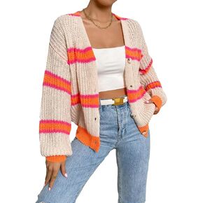 WDIRARA Women's Color Block Drop Shoulder Long Sleeve Cardigan Button Front Mesh Knitted Tops