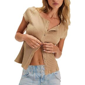 Women Button Up Top Cap Sleeve Rib Kint Picot Trim Shirt Slim Fit Y2k Casual Basic Cardigan Tops