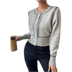 GORGLITTER Women's Contrast Piping Button Down Crop Cardigan Long Sleeve Crewneck Knit Top