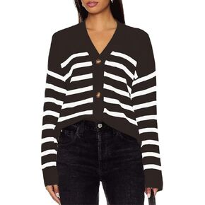 Dressmine Womens Fleece V Neck Button Down Striped Cardigan Sweaters Fall Clothes Open Front Knit Outerwear