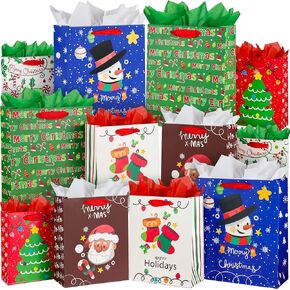 GITMIWS 12 Pack Christmas Paper Gift Bags Assorted Sizes with Tissue Paper, Christmas Treat Gift Bags Bulk with Handles, Christmas Goodie Bags for Kids Gifts, Xmas Gift Bags Party Favors