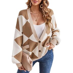 Mansy Women's Cardigan Sweater Checkered Long Sleeve Open Front Button Down V-Neck Loose Knit Outwear Coat