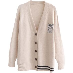 CORIRESHA Women's Cute Cat Embroidered Cardigan Sweater Panel Striped Knit Coat