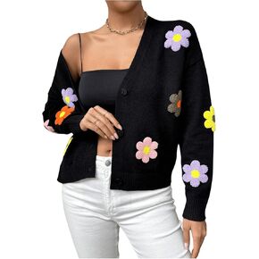 MakeMeChic Women's Floral Embroidery Button Down Cropped Cardigan Sweater Long Sleeve Lightweight V Neck Knit Tops