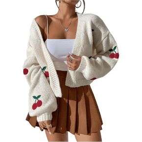 MakeMeChic Women's Cherry Cute Cardigan Cable Knit Lantern Sleeve Open Front Lightweight Cropped Cardigan Sweaters