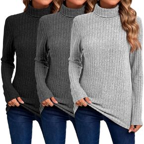 Ficerd 3 Pack Women's Turtleneck Sweater, Lightweight Long Sleeve Shirts Solid Color Tunic Tops Casual Slim Fitted Pullover