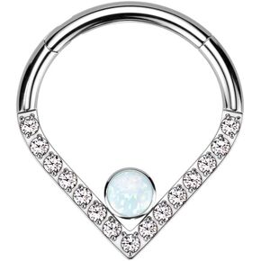 Pierced Owl 16GA F136 Implant Grade Titanium Synthetic Opal Center and CZ Crystal Lined Chevron Shaped Hinged Segment Ring