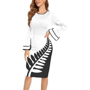 Classic Church Dress for Women Bell Long Sleeve Vintage Wear to Work Cocktail Business Split Pencil Sheath Dresses