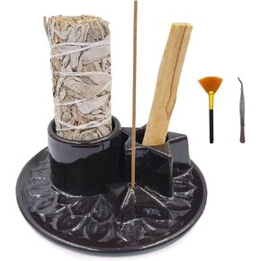 Sage and Palo Santo Holder,4 in 1 Incense Burner Holder for Sticks,Ceramic Sage Holder for Burning,Candle Holder,Ash Catcher Tray for Meditation Yoga,Speckled White