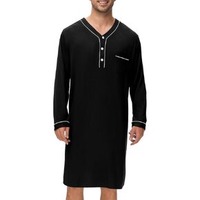 SWOMOG Men's Nightshirt Long Sleeve Nightgown Soft Loose Sleepwear Lightweight Nightwear Comfy Henley Sleep Shirt M-3XL