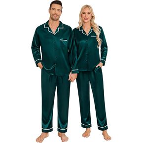 SWOMOG Couples Matching Pajamas Set Silk Satin Long Sleeve Button Down Sleepwear 2 Pcs Loungewear with Pants Family Pj sets