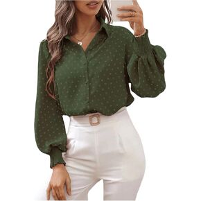 OYOANGLE Women's Elegant Swiss Dots Lantern Long Sleeve Button Down Blouse Work Collared Shirt Tops