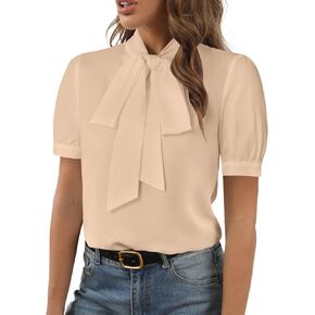 Rooscier Women's Bow Tie Neck Short Sleeve Elegant Office Workwear Blouse Shirt Tops