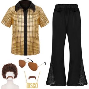 Kids Disco Costume Sequins Shirts for Boys 6PCS Kids 60s 70s Disco Costume for Halloween Party Dress Up