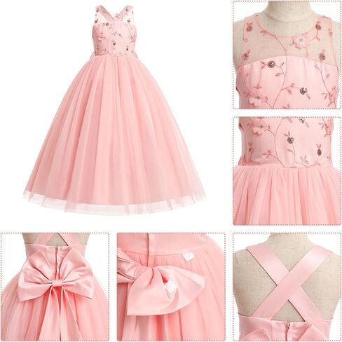 IDOPIP Embroidery Flower Girl Dress for Kids Wedding Pageant Formal Party Dresses Communion Bowknot Backless Maxi Tulle Gowns in Saudi Arabia