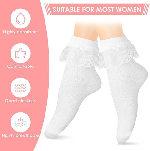 Women Lace Ankle Socks, Lace Ruffle Frilly Ankle Socks Calf Socks for Women, White Soft Cotton Socks in Kuwait