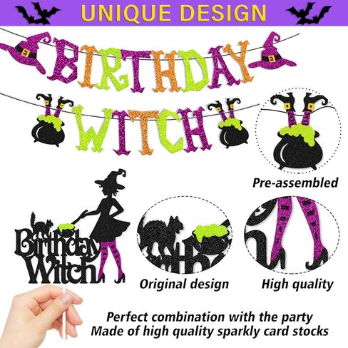 Halloween Birthday Witch Banner with Witch Cake Topper 12 Pieces 3D Bats Props Decoration 24 Pcs Balloons for Ghost Zombie Vampire Haunted House Halloween Birthday Party Supplies in Kuwait