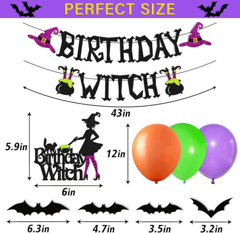 Halloween Birthday Witch Banner with Witch Cake Topper 12 Pieces 3D Bats Props Decoration 24 Pcs Balloons for Ghost Zombie Vampire Haunted House Halloween Birthday Party Supplies in Kuwait