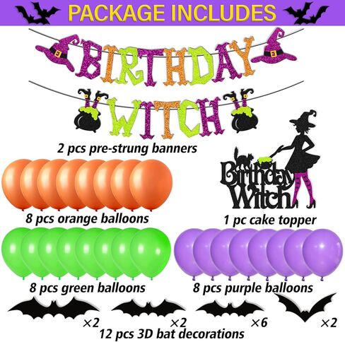 Halloween Birthday Witch Banner with Witch Cake Topper 12 Pieces 3D Bats Props Decoration 24 Pcs Balloons for Ghost Zombie Vampire Haunted House Halloween Birthday Party Supplies in Kuwait