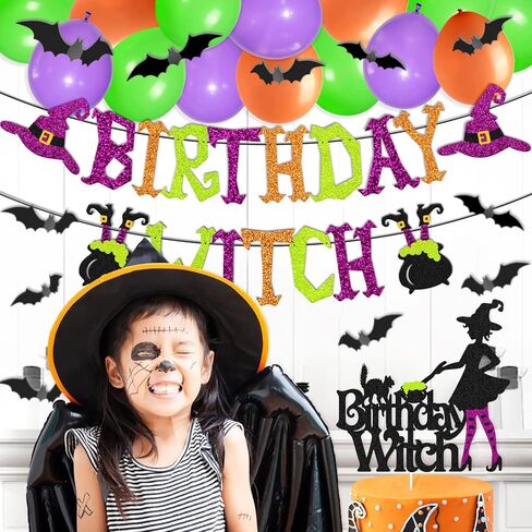 Halloween Birthday Witch Banner with Witch Cake Topper 12 Pieces 3D Bats Props Decoration 24 Pcs Balloons for Ghost Zombie Vampire Haunted House Halloween Birthday Party Supplies in Kuwait