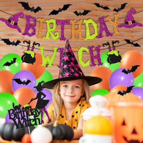 Halloween Birthday Witch Banner with Witch Cake Topper 12 Pieces 3D Bats Props Decoration 24 Pcs Balloons for Ghost Zombie Vampire Haunted House Halloween Birthday Party Supplies in Kuwait