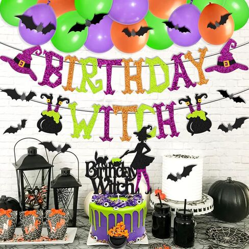 Halloween Birthday Witch Banner with Witch Cake Topper 12 Pieces 3D Bats Props Decoration 24 Pcs Balloons for Ghost Zombie Vampire Haunted House Halloween Birthday Party Supplies in Kuwait