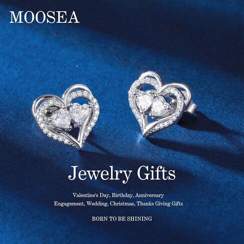 MOOSEA مويسانيتي جوهرة الميلاد أقراط للنساء - 925 الفضة الاسترليني أقراط الذكرى السنوية هدايا للزوجة أقراط القلب مجوهرات 18K الذهب الأبيض مطلي مويسانيتي القرط هدايا عيد ميلاد للنساء in Kuwait