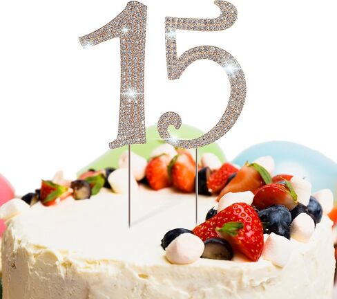 رقم 15 كعكة توبر، 15 كعكة عيد ميلاد توبر سباركلي بلينغ سبيكة كريستال أحجار الراين كعكة توبر أحجار الراين الخامس عشر كعكة توبر، تزيين الكعكة لحفلة عيد الميلاد والذكرى السنوية، فضي in Saudi Arabia