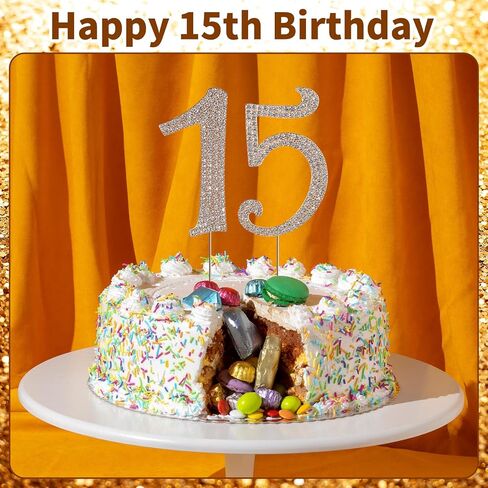 رقم 15 كعكة توبر، 15 كعكة عيد ميلاد توبر سباركلي بلينغ سبيكة كريستال أحجار الراين كعكة توبر أحجار الراين الخامس عشر كعكة توبر، تزيين الكعكة لحفلة عيد الميلاد والذكرى السنوية، فضي in Saudi Arabia