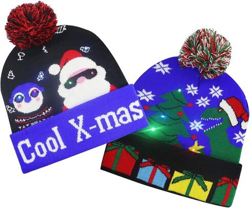 2Pack Christmas Beanie Hats for Men Women Kid, Funny LED Light Up Xmas Knitted Cap Winter Hat in Saudi Arabia