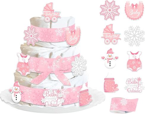 Winter Pink Snowflake Diaper Cake Decorations Kit for Baby Shower, Snowflake Patterned Ribbons 5 Yards, Baby It's Cold Outside Cards Gender Reveal Party Decorations Supplies in Saudi Arabia