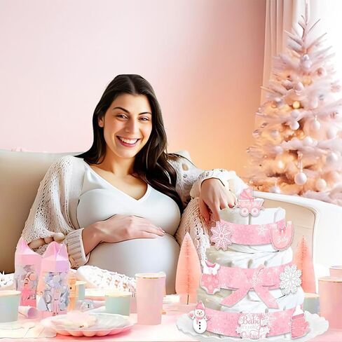 Winter Pink Snowflake Diaper Cake Decorations Kit for Baby Shower, Snowflake Patterned Ribbons 5 Yards, Baby It's Cold Outside Cards Gender Reveal Party Decorations Supplies in Saudi Arabia