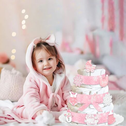 Winter Pink Snowflake Diaper Cake Decorations Kit for Baby Shower, Snowflake Patterned Ribbons 5 Yards, Baby It's Cold Outside Cards Gender Reveal Party Decorations Supplies in Saudi Arabia