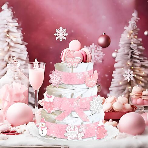 Winter Pink Snowflake Diaper Cake Decorations Kit for Baby Shower, Snowflake Patterned Ribbons 5 Yards, Baby It's Cold Outside Cards Gender Reveal Party Decorations Supplies in Saudi Arabia