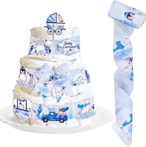 Winter Pink Snowflake Diaper Cake Decorations Kit for Baby Shower, Snowflake Patterned Ribbons 5 Yards, Baby It's Cold Outside Cards Gender Reveal Party Decorations Supplies in Saudi Arabia