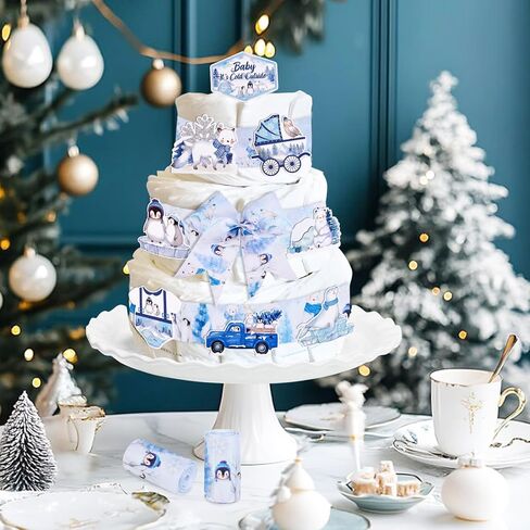 Winter Pink Snowflake Diaper Cake Decorations Kit for Baby Shower, Snowflake Patterned Ribbons 5 Yards, Baby It's Cold Outside Cards Gender Reveal Party Decorations Supplies in Saudi Arabia